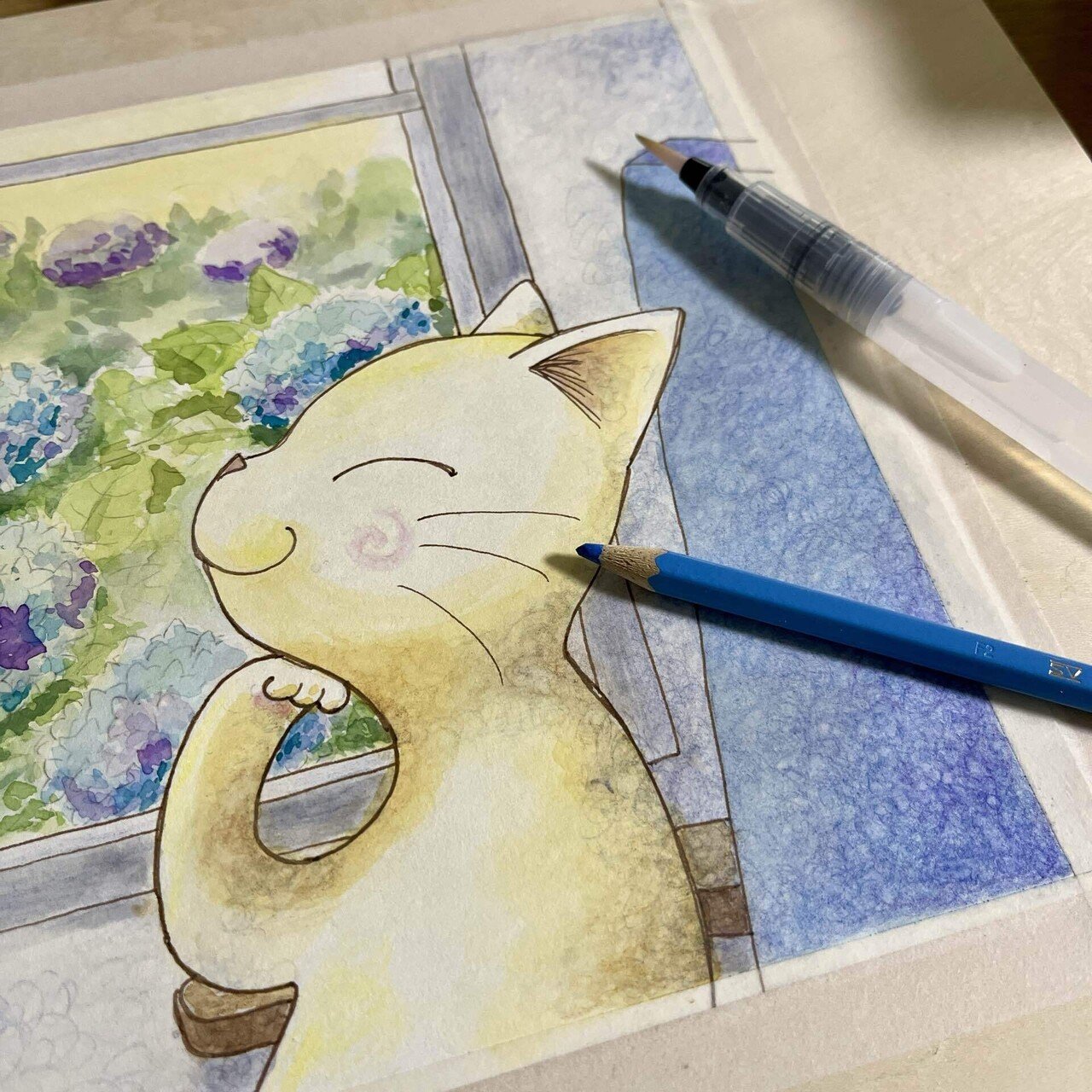 今日のお絵描き。車窓を眺めるにゃんこさん。 水彩で下塗りしてから