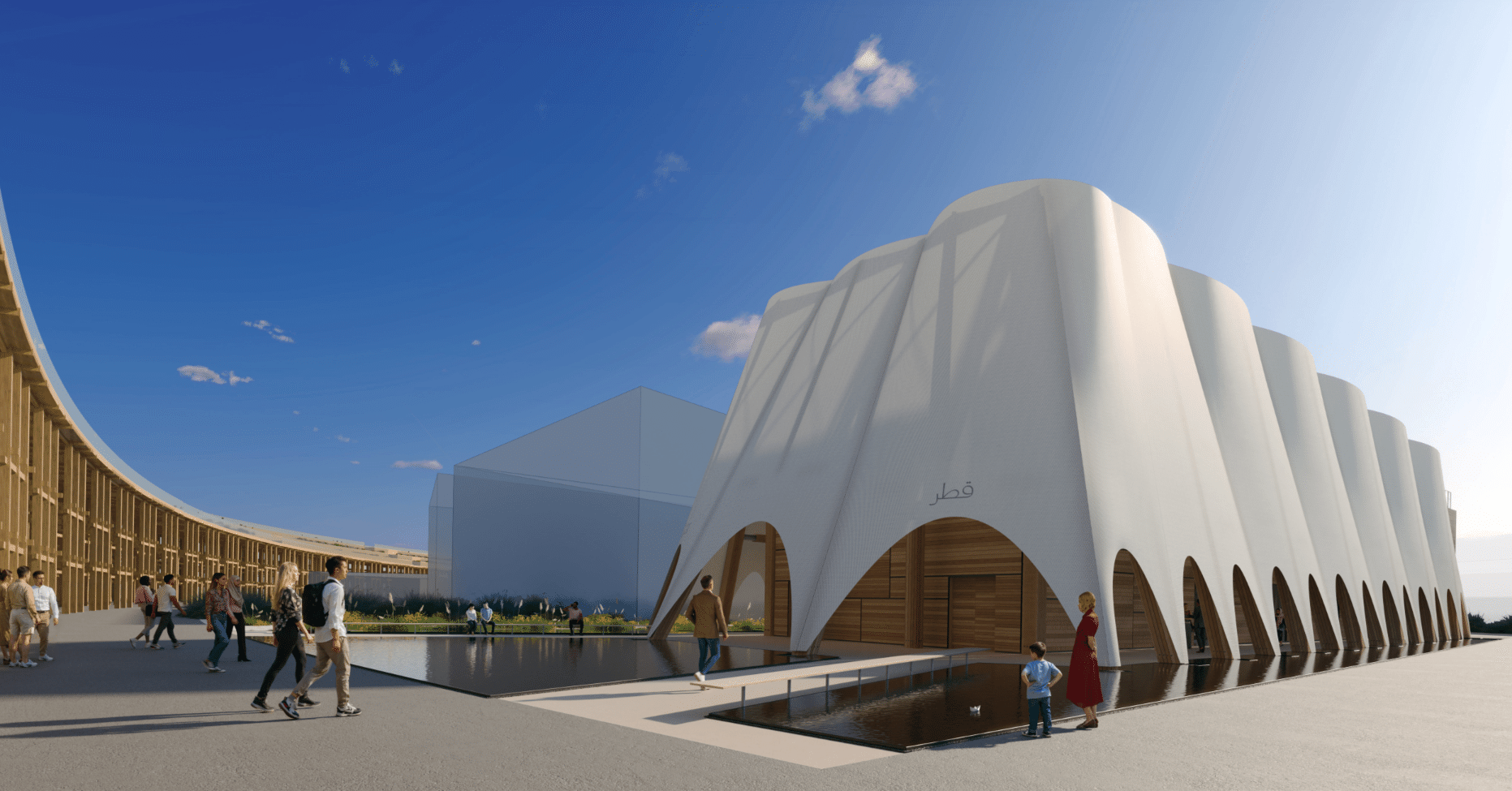 帆船モチーフ、白い幕で包まれたカタールパビリオン （隈研吾さん設計