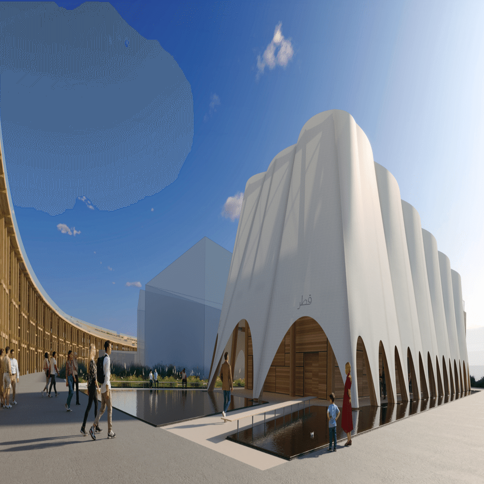 帆船モチーフ、白い幕で包まれたカタールパビリオン （隈研吾さん設計