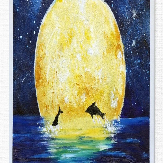 月と魚　アクリル絵画　一点もの アクリル絵の具で「満月とイルカの風景」を描いてみた｜junya_art