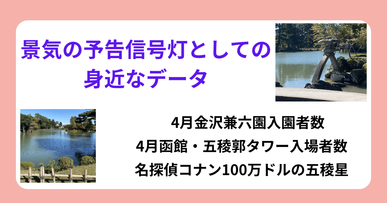 4月金沢兼六園の入園者数、月次データとして初の60万 人台。１月から３月まで3カ月連続の前年比マイナスからの大逆転。―景気の予告信号灯としての身近なデータ（2024年5月8日）―｜宅森昭吉（景気探検家・エコノミスト）