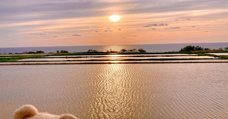 わりと水平に並ぶ棚田に沈む夕日が絶景　佐渡ヶ島　空からの絶景