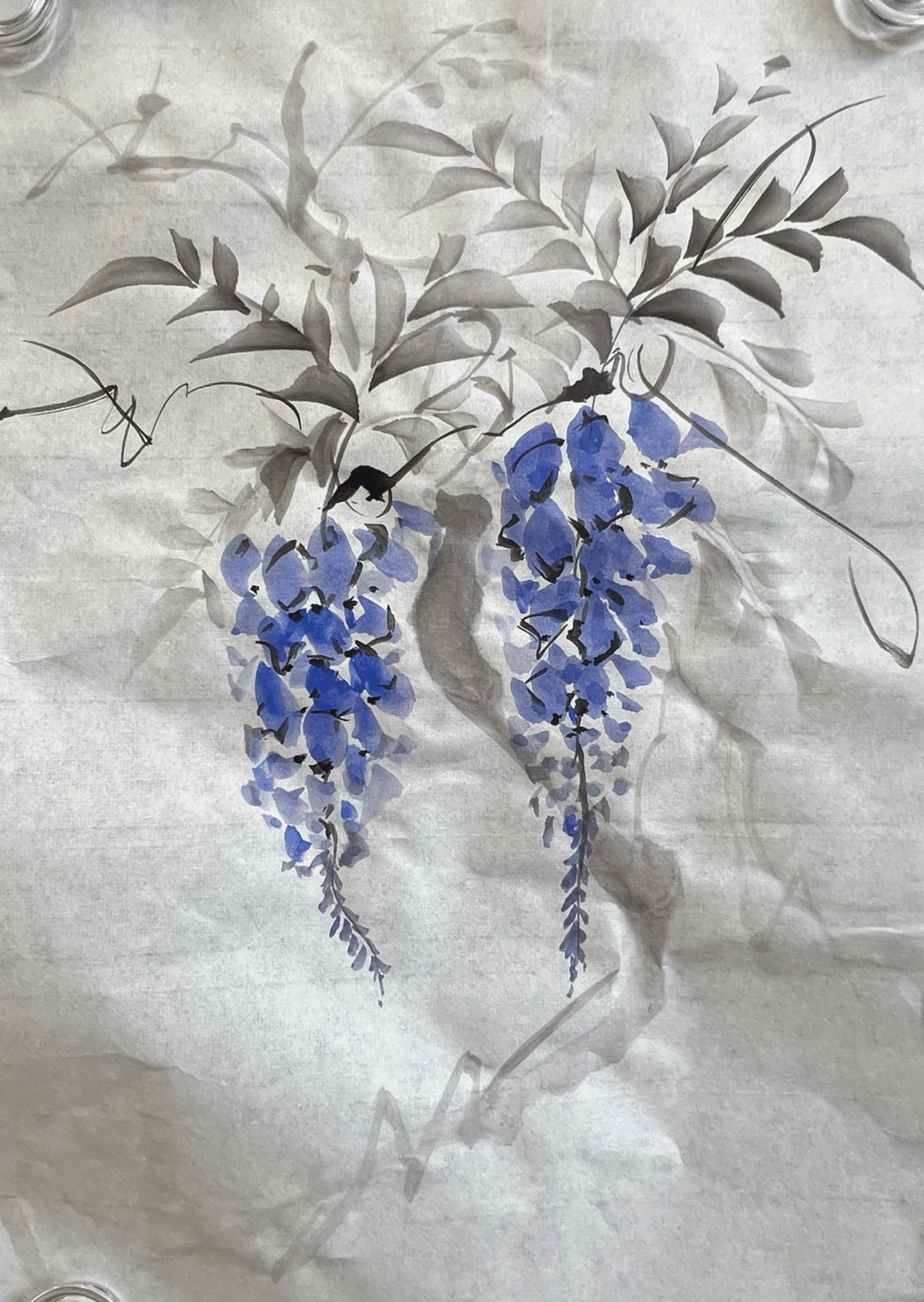 【真作】絵画　水墨画　藤の花　優雅な筆致　風情漂う墨の表現　伝統美術　W20 真作】絵画 水墨画 藤の花 優雅な筆致 風情漂う墨の表現 伝統