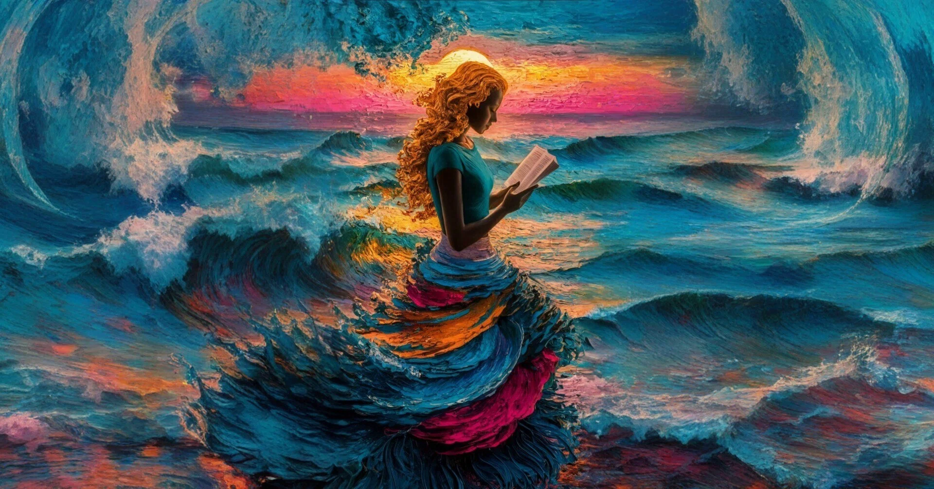 「夕暮れの浜辺に佇む金髪の女性 — オリジナルAI風景画 アート作品」 AI絵画: 夕暮れの読書に癒される女性の魂 by AIGogh｜Books Channel
