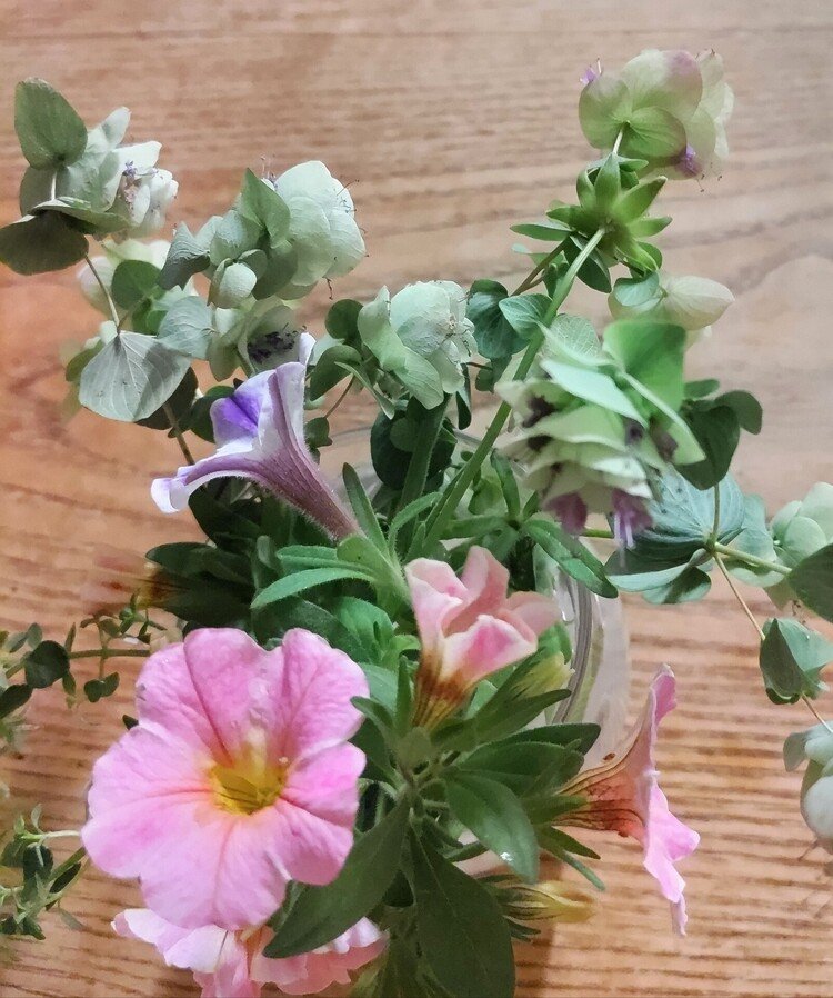 ベランダの花を食卓に飾る。ミリオンベルにタイム、そしてオレガノビューティー。全開の窓からは🐸蛙の大合唱🎶