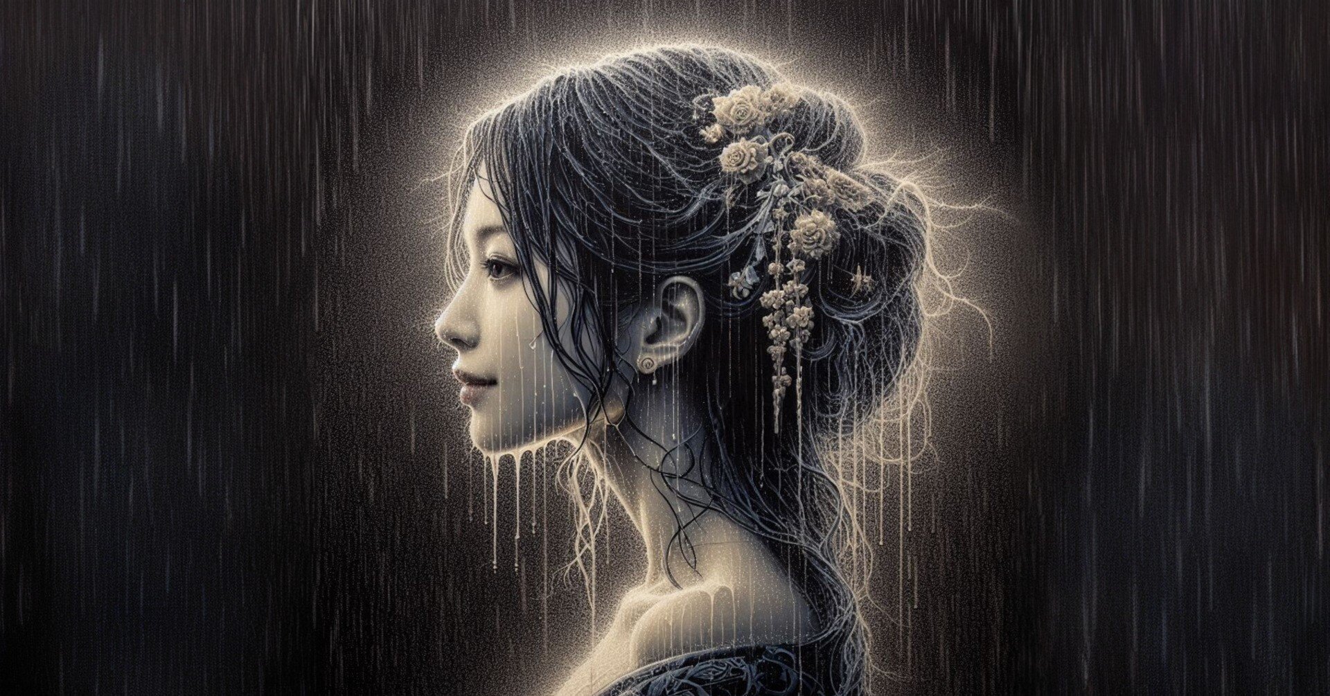 AIが描く魂の解放: 流れ落ちる雨の中の女性像 : コンセプチュアル