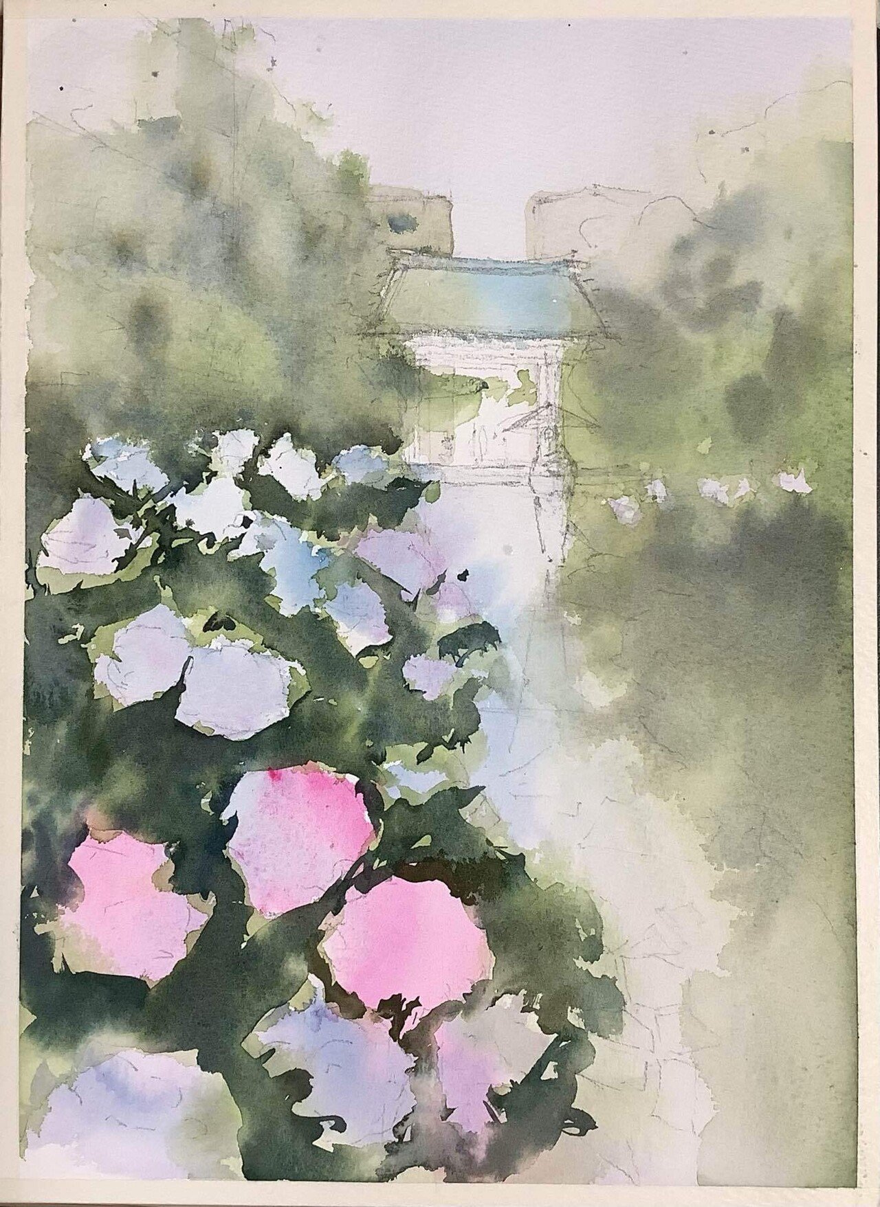 斎藤政一『矢田寺あじさいと地蔵』 一枚の繪 水彩画 絵画 美術 芸術 額装 斎藤政一『矢田寺あじさいと地蔵』 一枚の繪 水彩画 絵画 美術 芸術