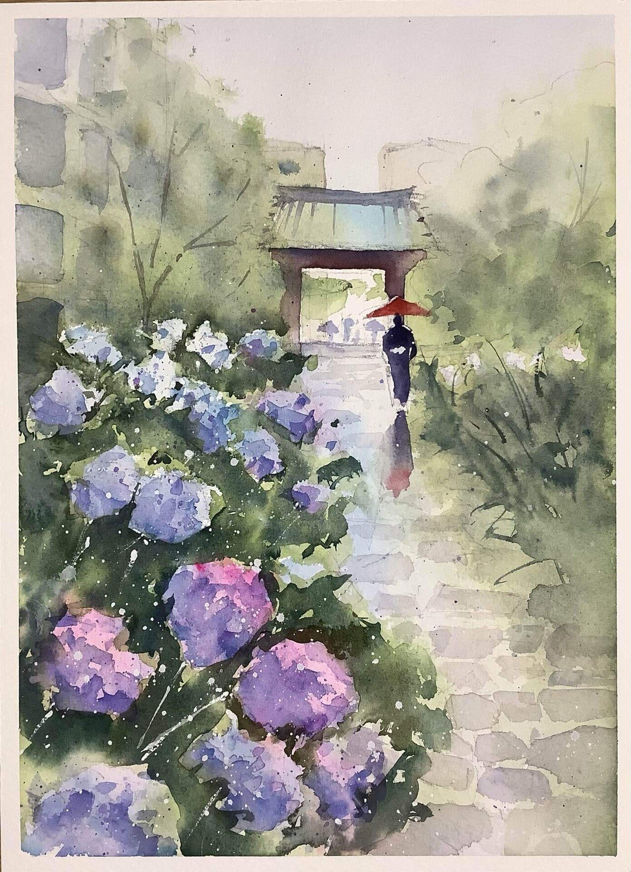 原画）雨降る紫陽花の道【水彩画】絵画 インテリアにおすすめ