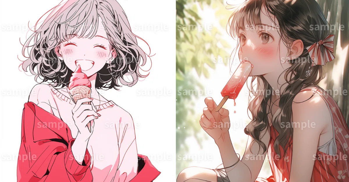 イラスト】「アイスクリーム女子」の素材2枚セット｜ロック画面 