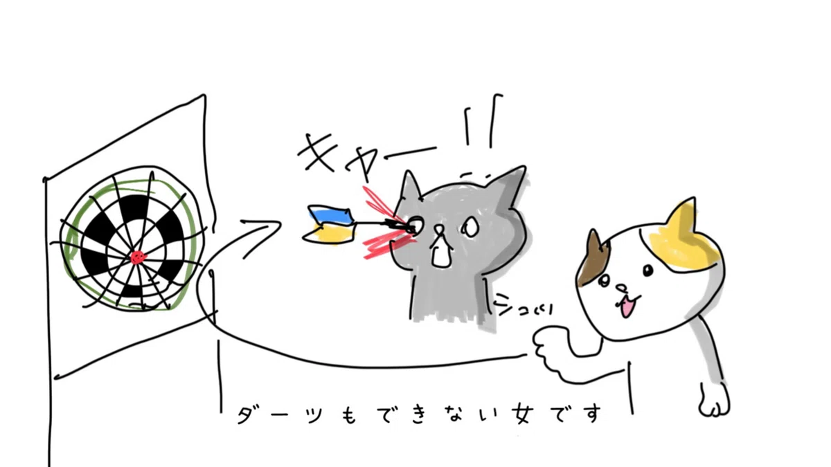 投げたダーツが友の目に刺さるイラスト