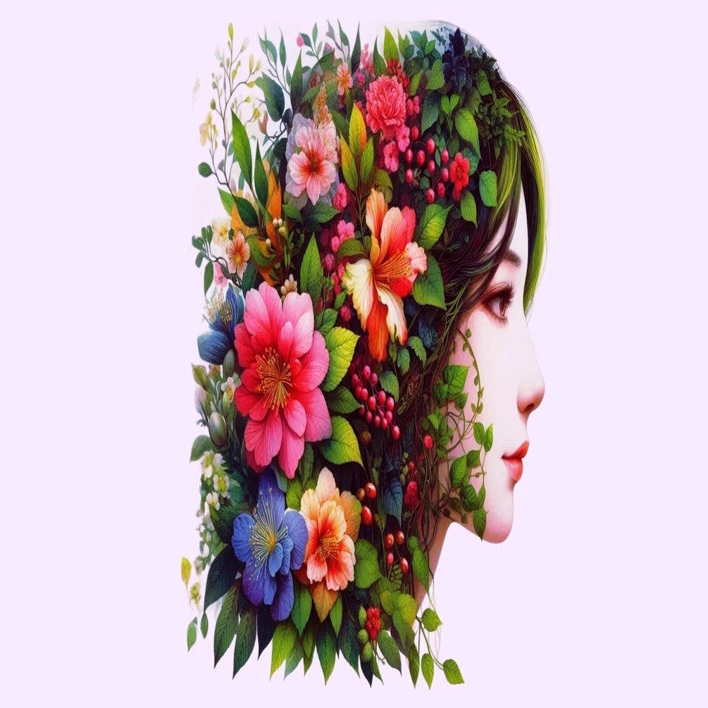 フラワーアート 女性の肖像画 花咲く日本人女性の幻想的な肖像画のフローラルアート｜Books Channel