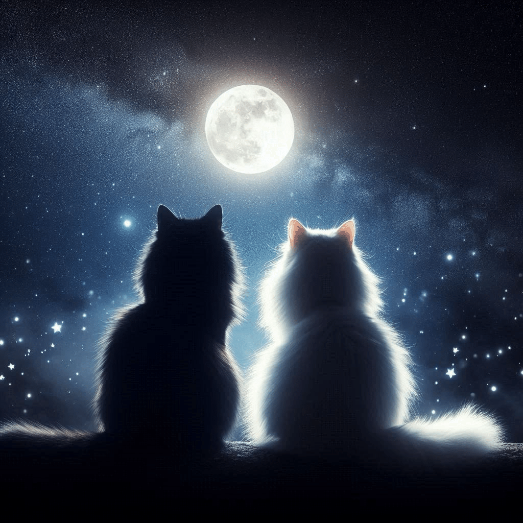 AI Art 満月と白猫と黒猫｜Keiko🌈わくわくを大切に