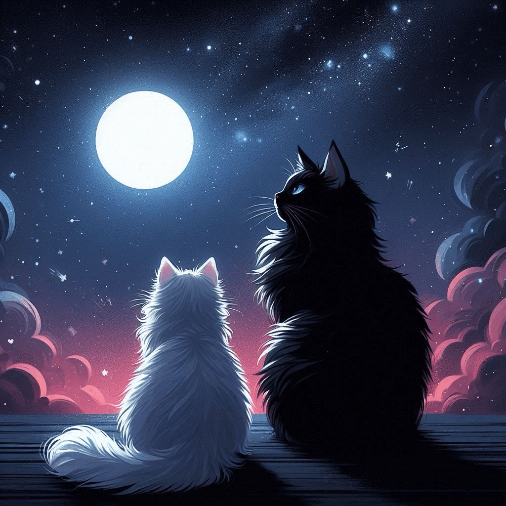 AI Art 満月と白猫と黒猫｜Keiko🌈 下町の魔法使い / 未来につながる