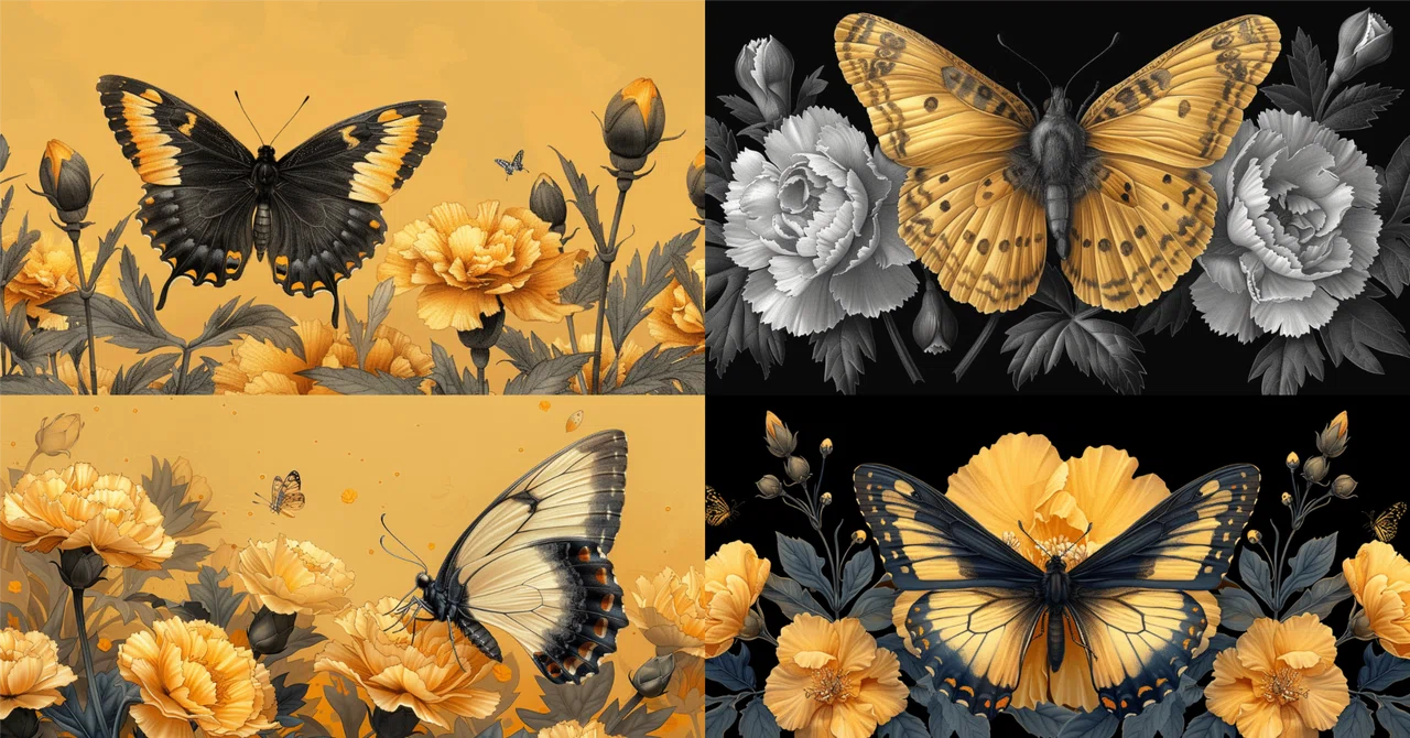 Prompt Collection (002) - Monotone Flowers and Butterflies｜新(Shin)