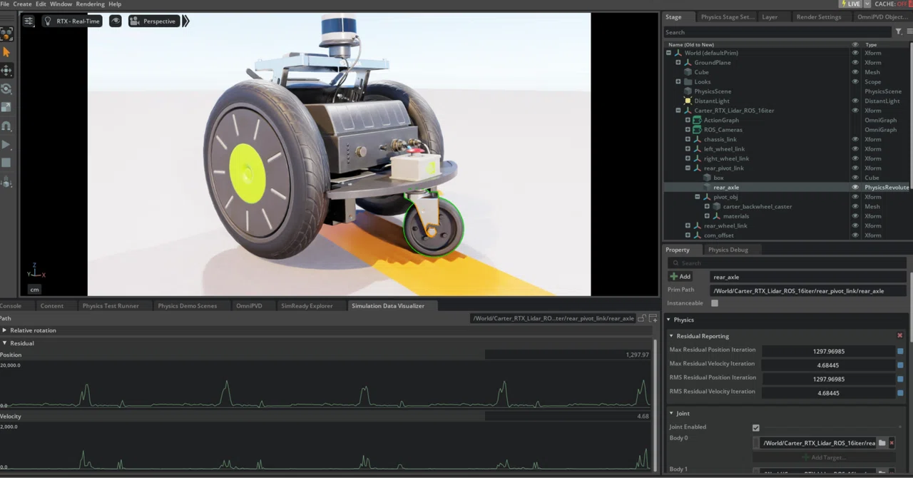 Nvidia Isaac Sim による操作画面モバイルロボットのシミュレーション環境の(GUI)を示しています。｜Kawamura Akihiro