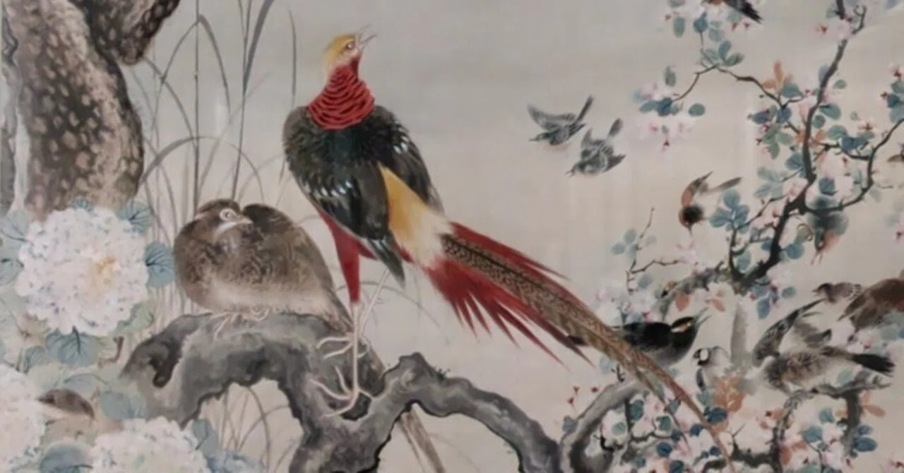 伝来】a8874〈岡本秋暉〉花鳥図 渡辺崋山門下 江戸の人 模写伝来n1599