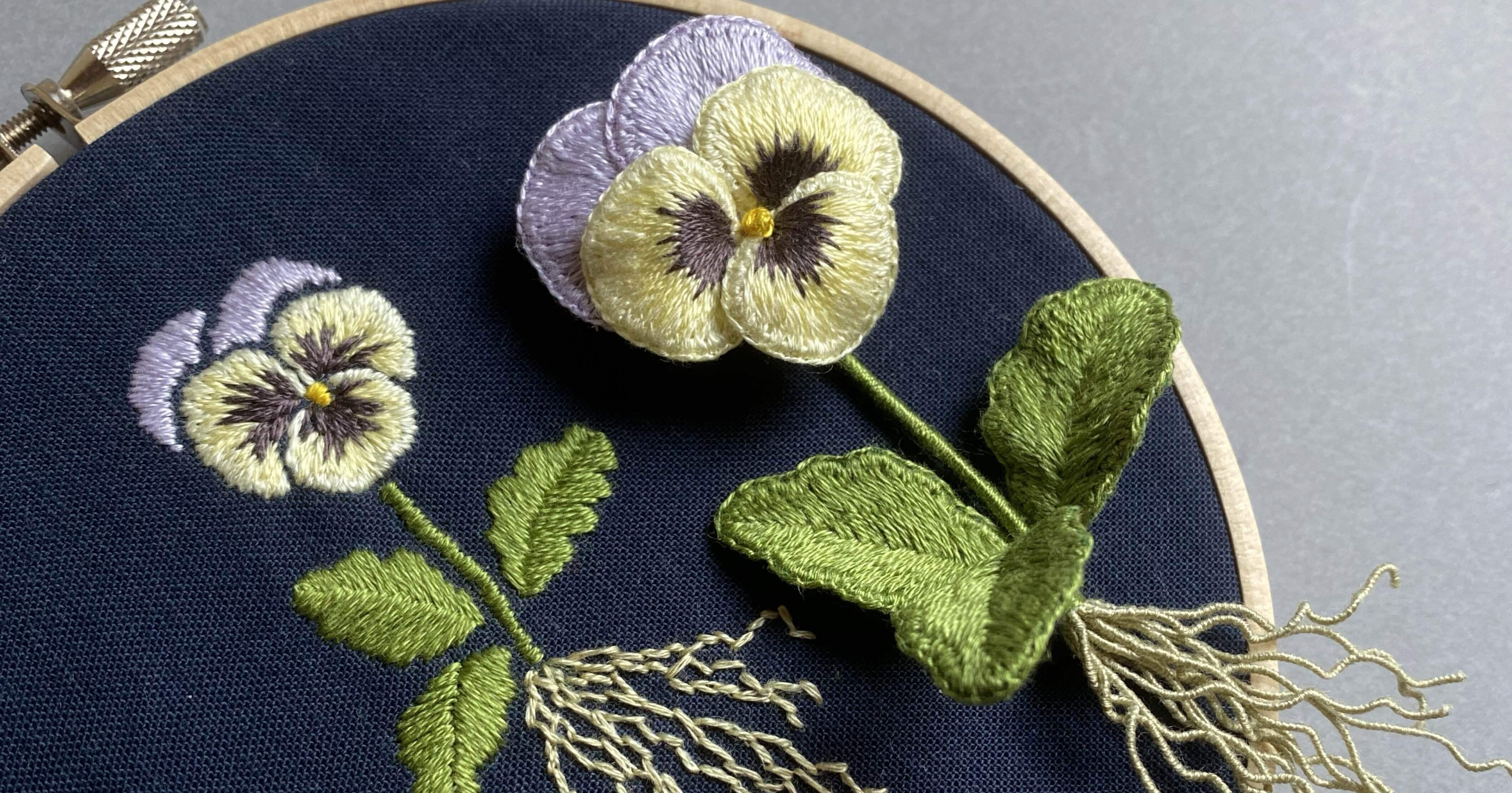 パンジー立体刺繍と平面刺繍の作り方【図案あり】｜水谷禎子（みずたに
