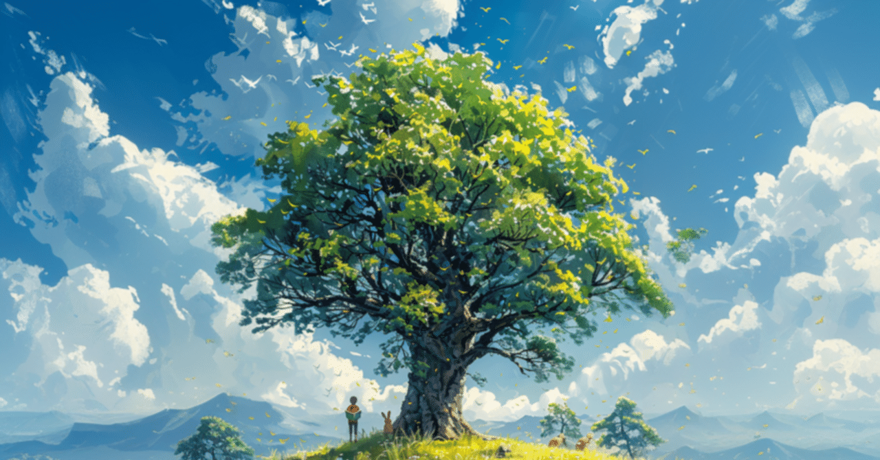 水彩画「太陽と木と雲」 空の雲、木と抽象的な緑の芝生と水彩の垂直方向の風景の写真素材