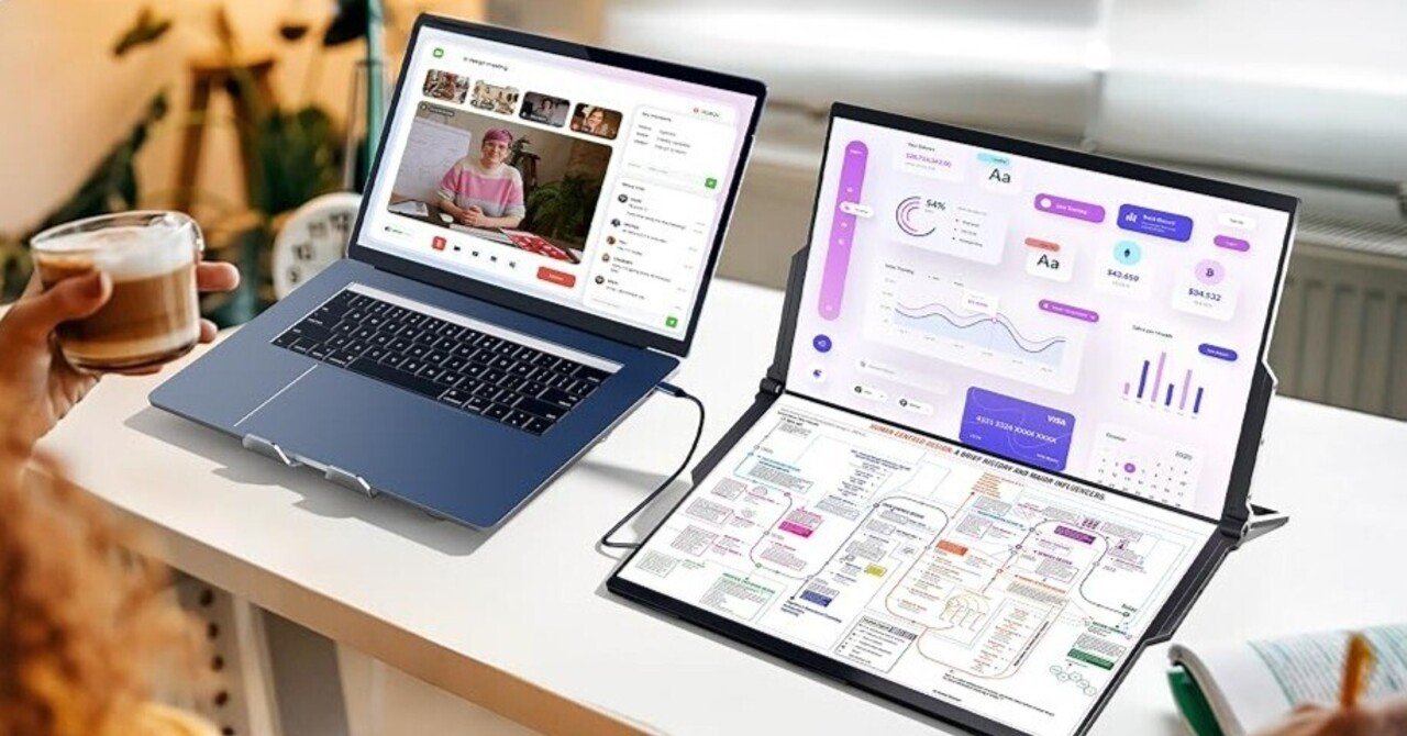 Ingnok デュアル モバイルモニター 15.6インチ FHD 折りたたみ式 本日みつけたお買い得品】つなぎ目が細い！ケーブル1本で2画面拡張