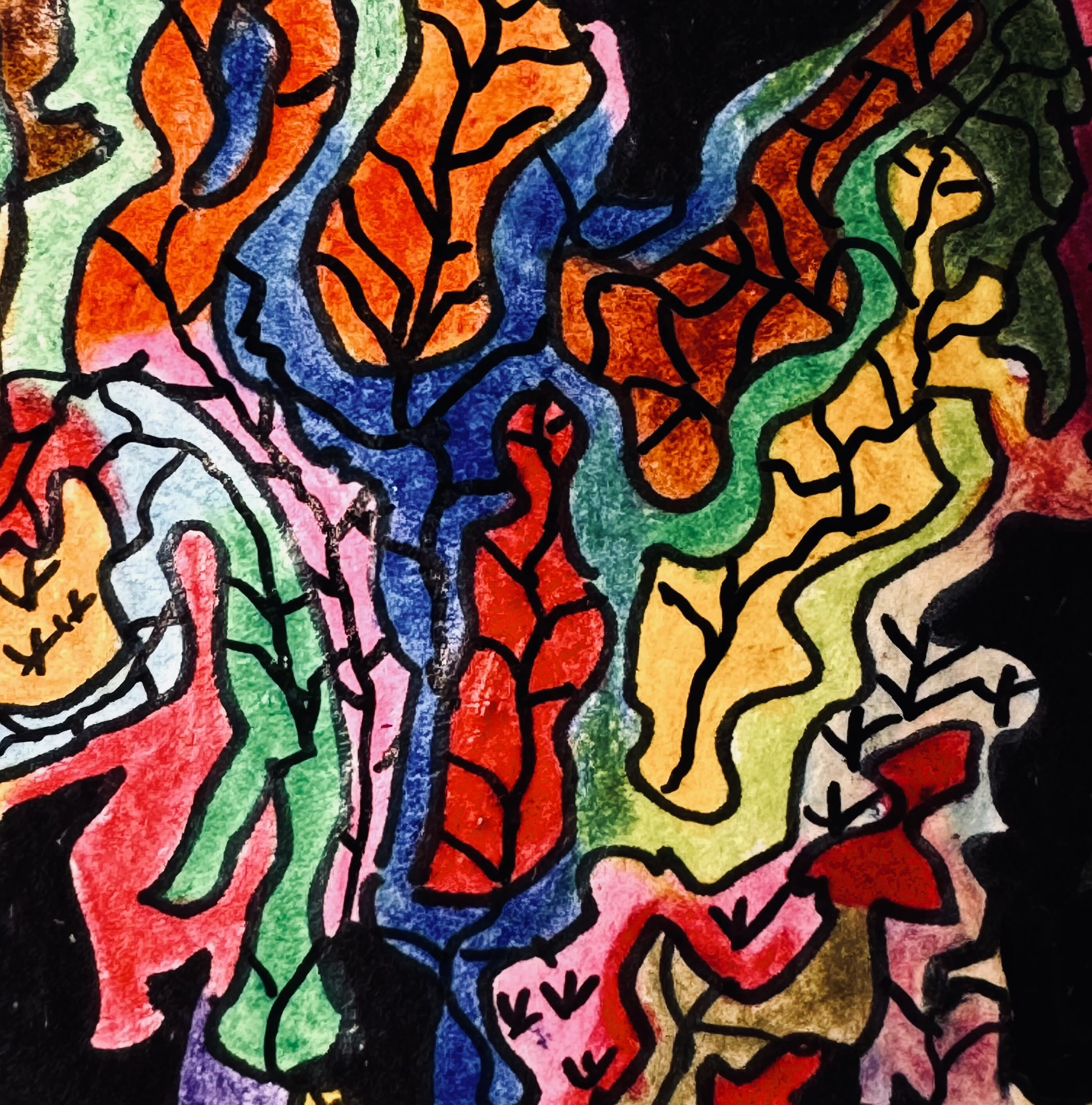 久しぶりに手描きで抽象画の真似事 画用紙に筆ペンと色鉛筆で描きまし