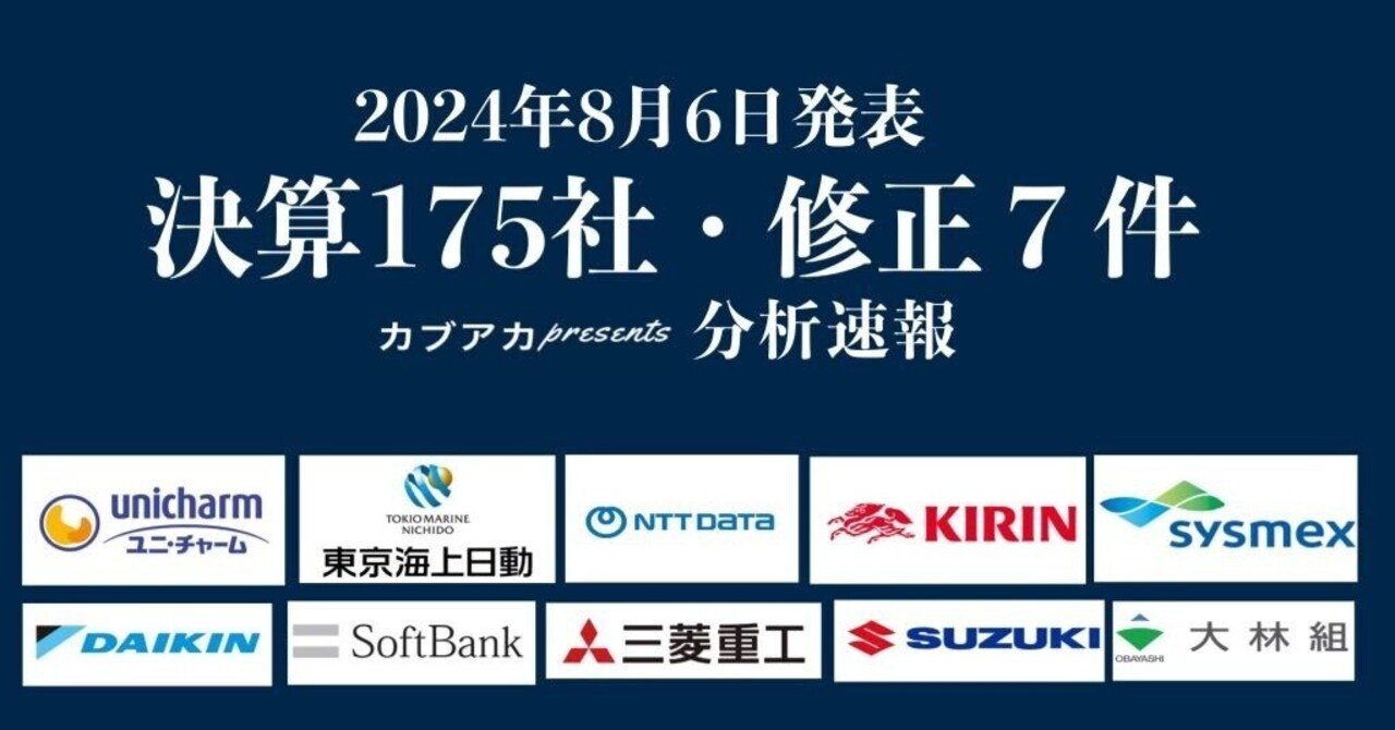 速報！】☆8/6発表  決算175社・修正7社☆東京海上、ソフトバンク、ダイキン工業、三菱重工業、ユニ・チャーム、スズキ、キリン、シスメックス、鹿島建設、大林組、出光興産、ヤマハ発動機、日清食品、横河電｜古賀真人＠カブアカ