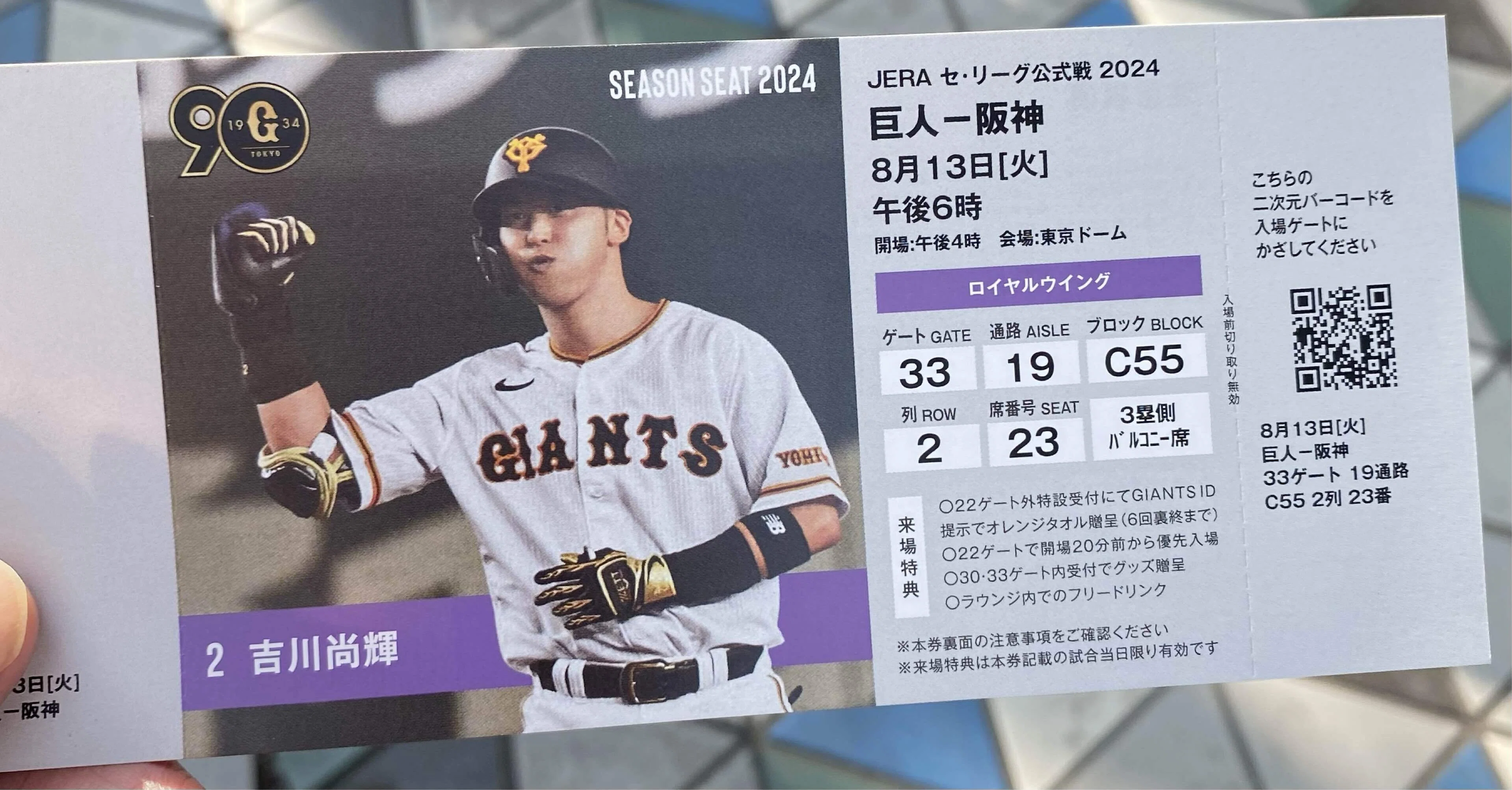 7/31(金）東京ドーム 巨人VS中日 ロイヤルウイング1塁側