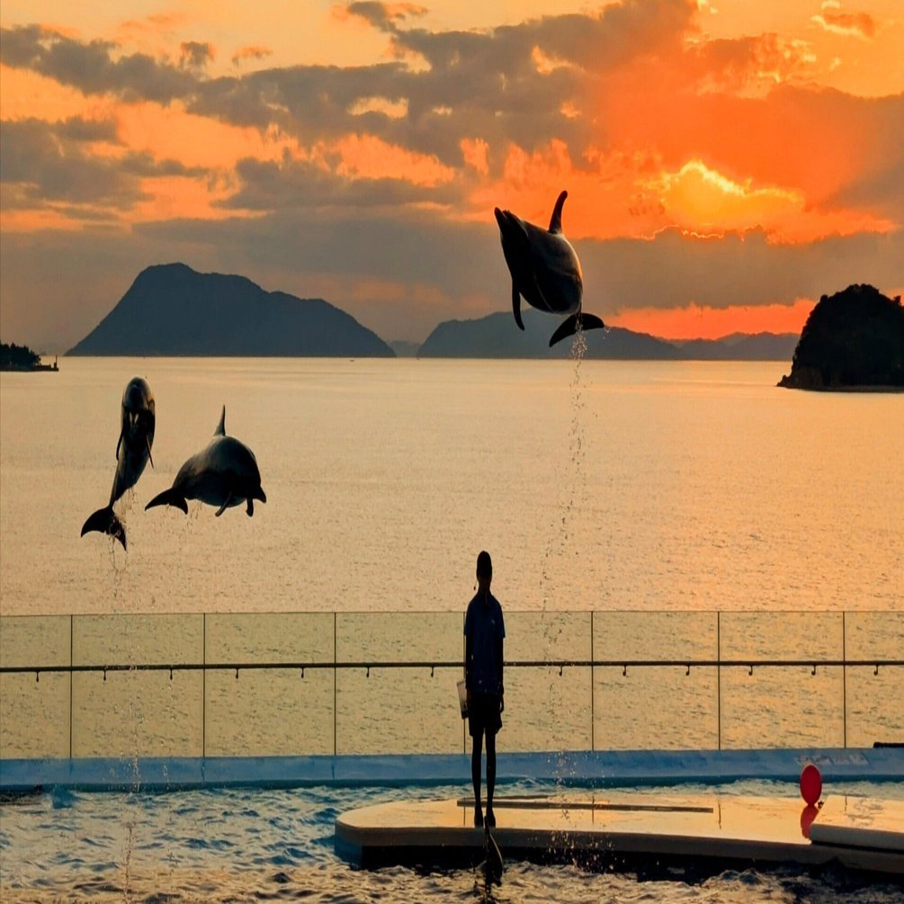 夕陽に跳ねるイルカ @四国水族館 宇多津 香川｜角盤町の路地裏