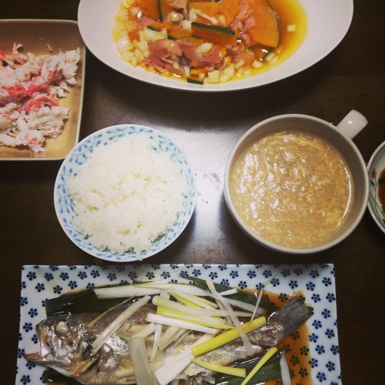 いしもち 魚ね の中華風蒸し とろろと卵のすり流しスープ かぼちゃとベーコンの白だしマリネ かに身 今夜もいただきまーす 上田 聡子 ほしちか Note