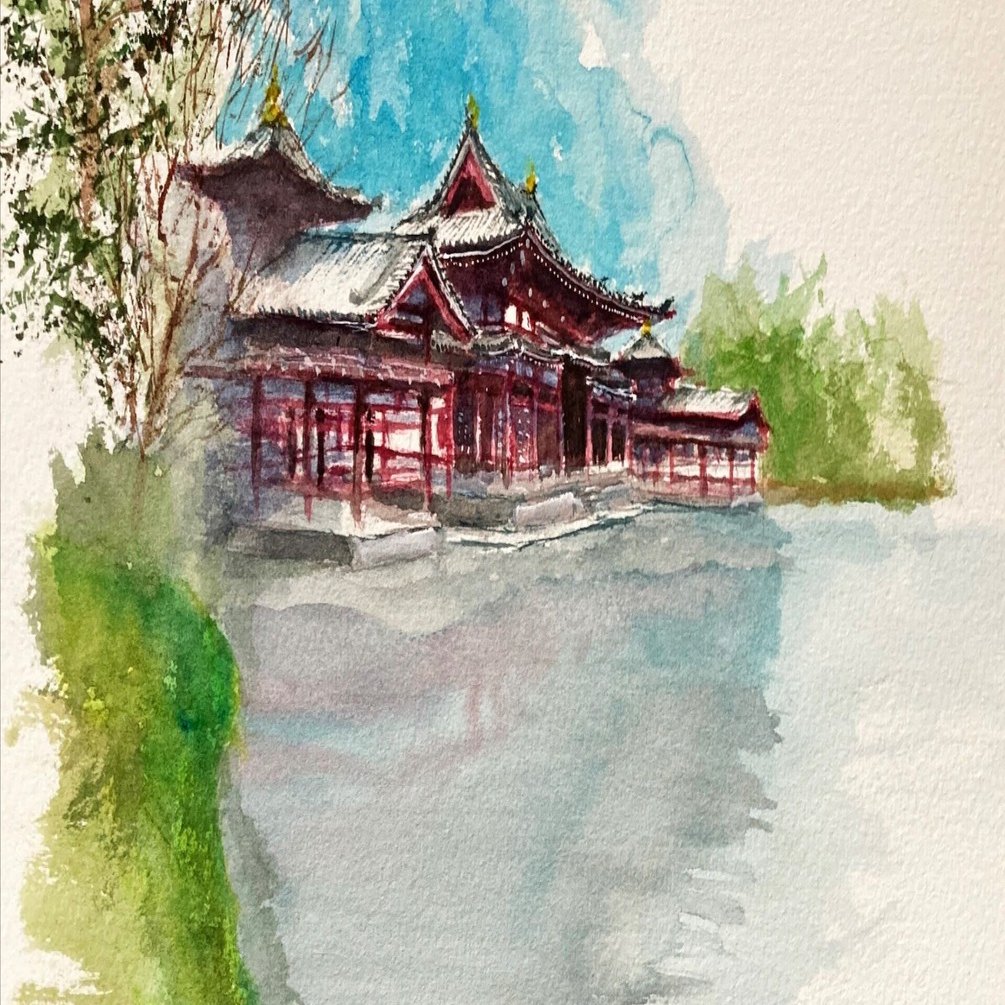 趣味は水彩画（11）：宇治の平等院。脳の活性化、右脳で描いて、左脳で