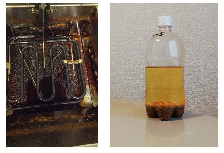 真っ黒な油槽底部と沈殿後の油
