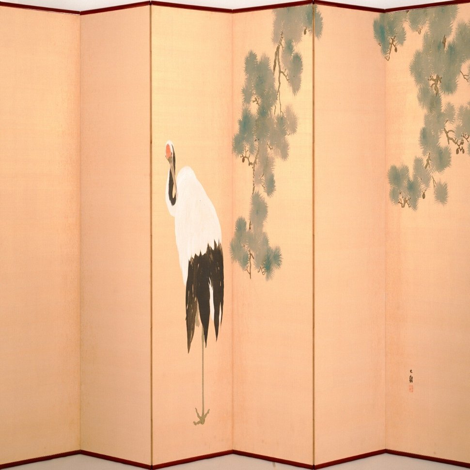 玉 泉 筆 絹本彩色画 タイトル 【 松 上 鶴 図 】 共箱 絵画