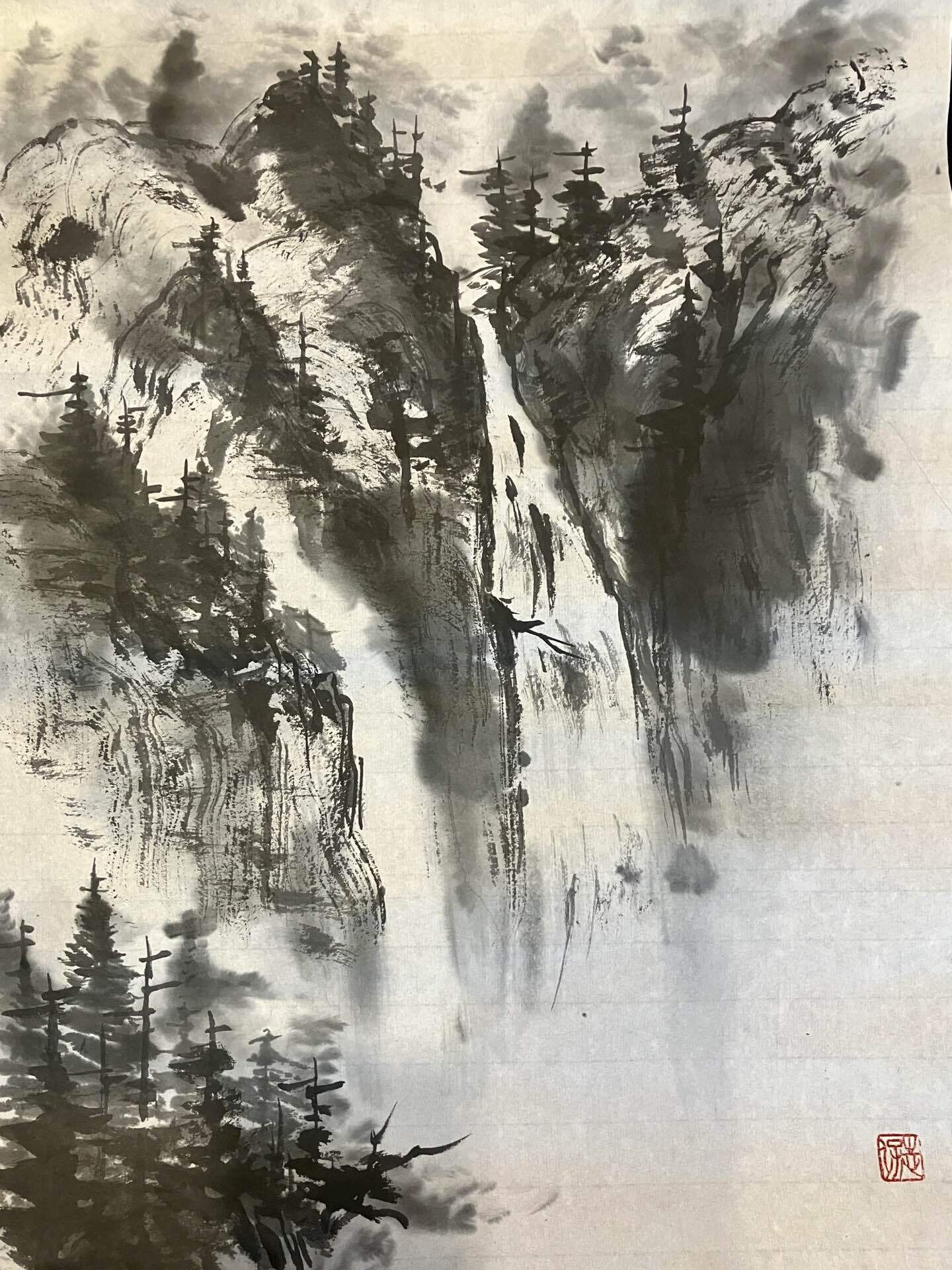 水墨画　滝 Sumi-e: Landscape with waterfall in Japanese ink painting by Tohun