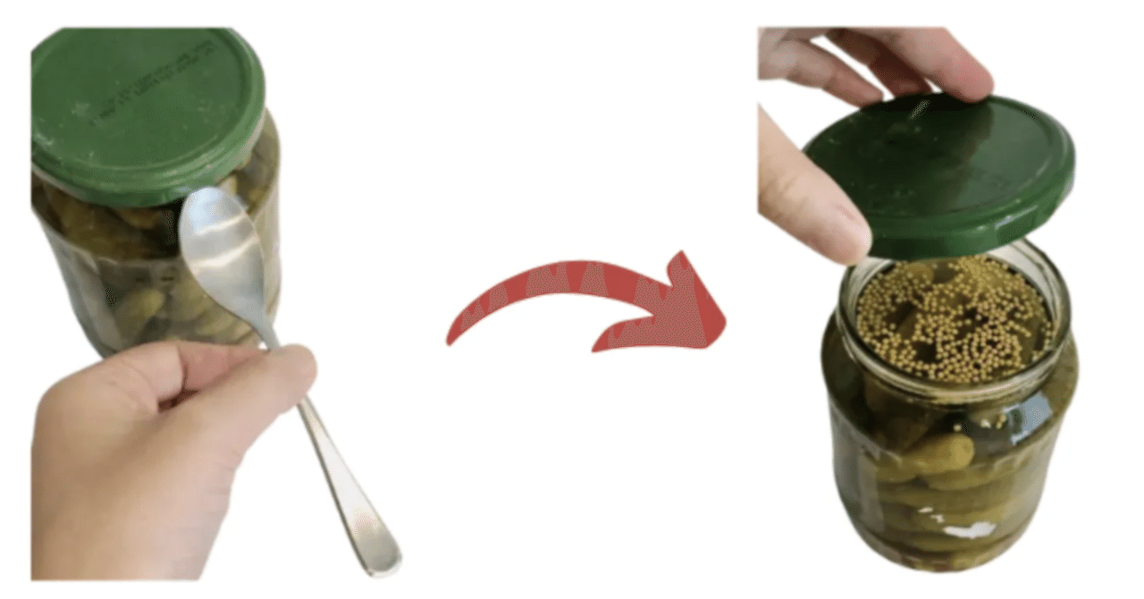 フタを開ける 瓶の蓋が開かない！って時にはスプーンを試してみて欲しい（女性にも