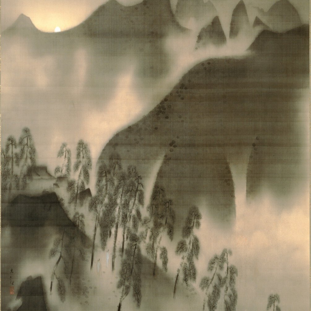 掛け軸 横山大観 水墨画「雨霽る」巨匠！ 遠くにいる富士に魅了されます 掛け軸 横山大観 水墨画「雨霽る」巨匠！ 遠くにいる富士に魅了されます