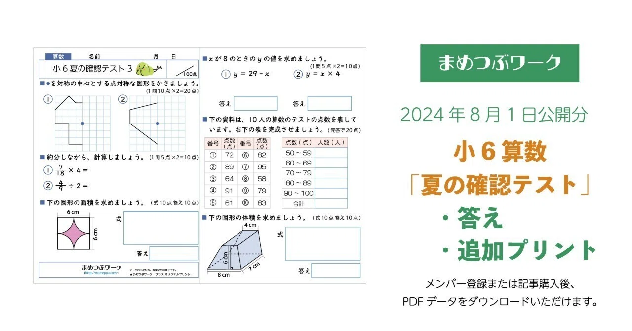 プリント&答え「1枚で総復習！小6・算数【夏の確認テスト】」(全6枚