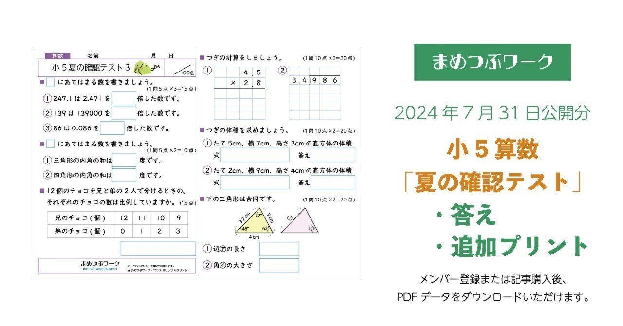 プリント&答え「1枚で総復習！小5・算数【夏の確認テスト】」(全6枚