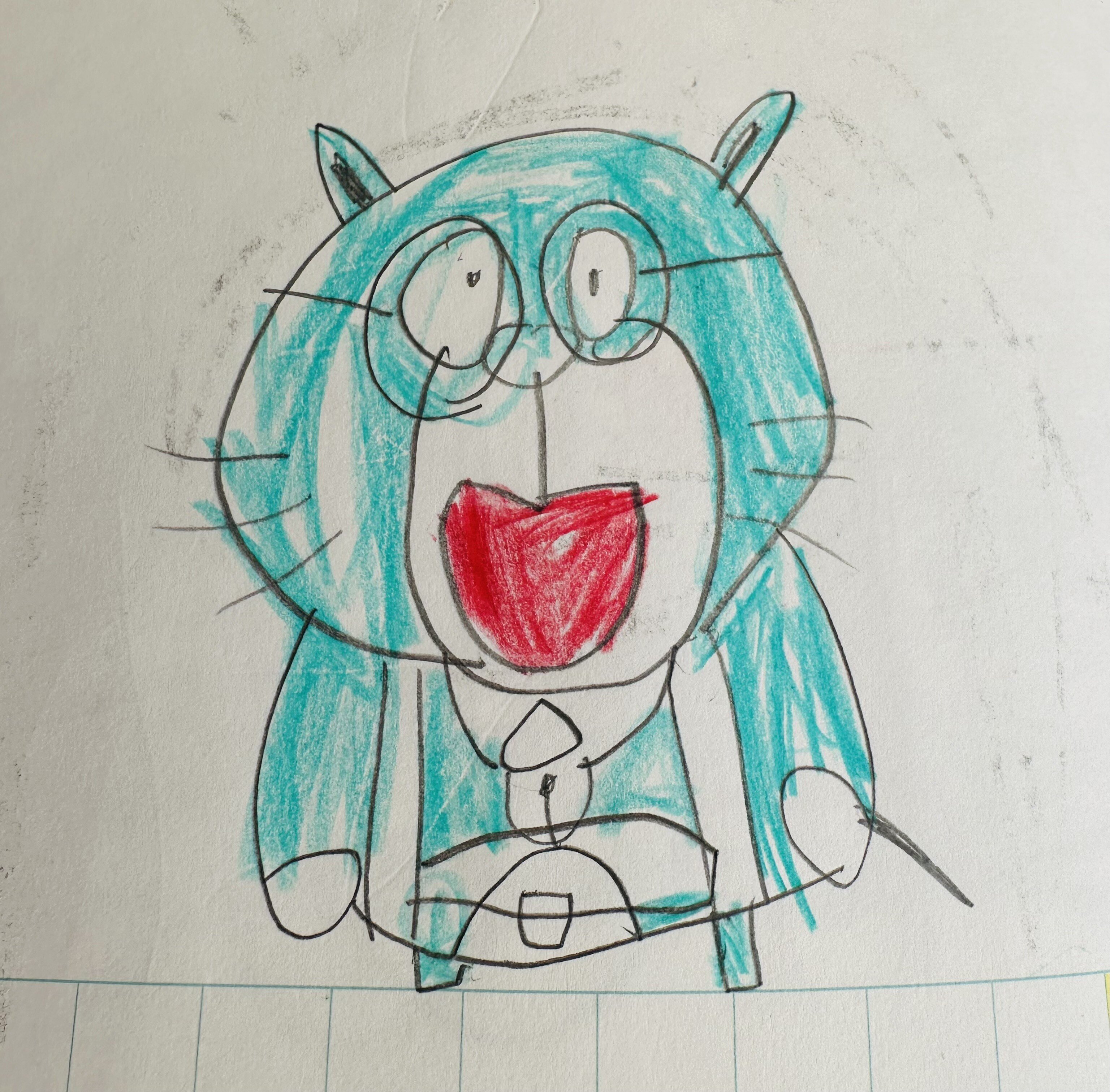 絵描き歌に合わせて娘が描いたドラえもんが秀逸。 目の焦点が合って