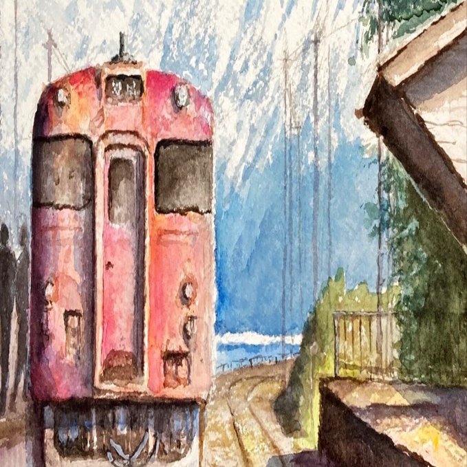 水彩5色描き(30)ローカル列車、今は夏。描いて冬。｜tatatotoya