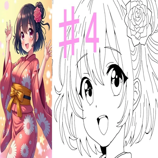 j*n様 手描きイラスト色紙・創作 オリジナル着物 女の子和風美少女平安コピック ♯4 着物の女の子の絵｜にゃおりん｜線画イラスト練習中