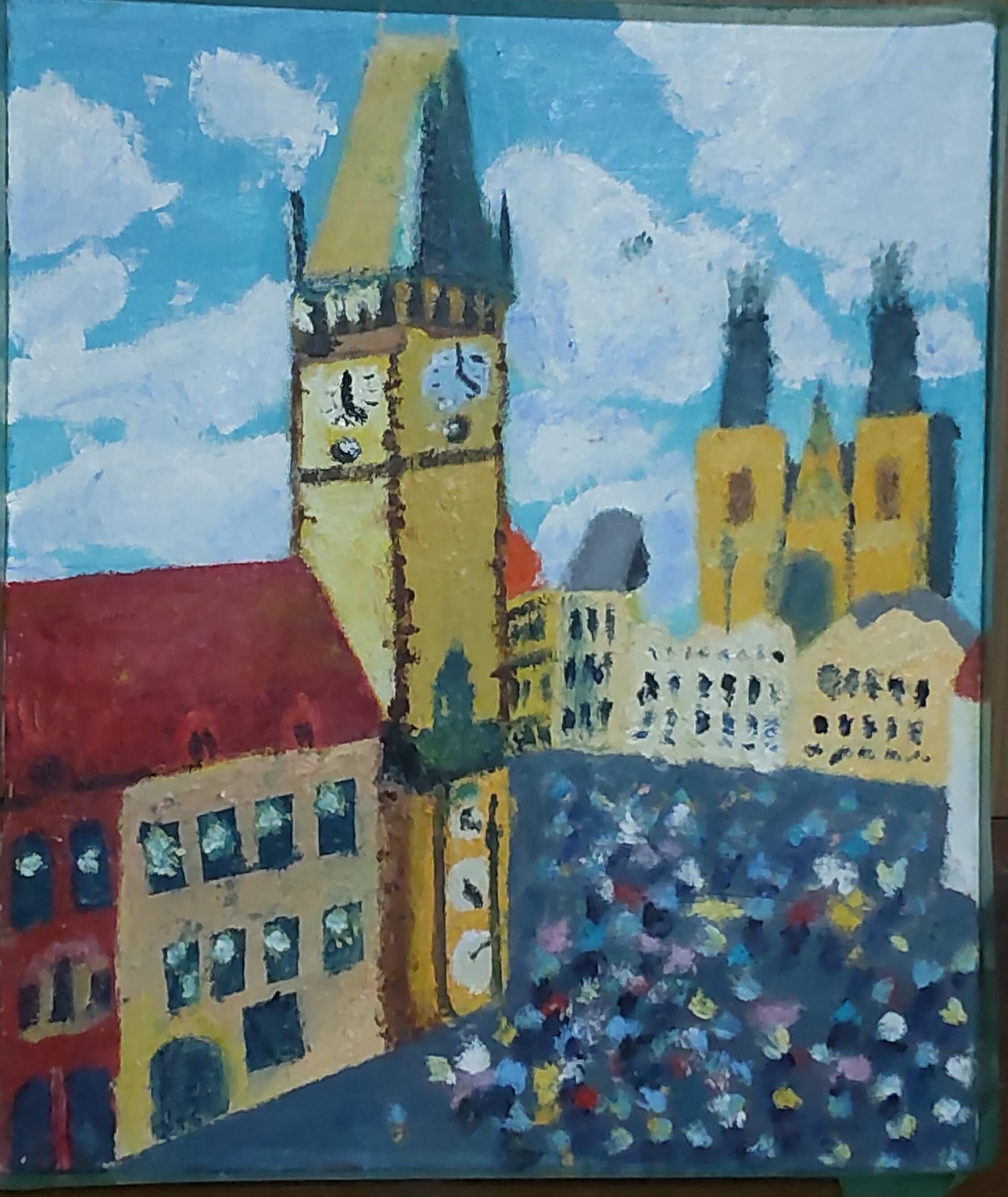 10歳の息子が絵画教室で描いた油絵。これは、チェコのプラハの旧市街