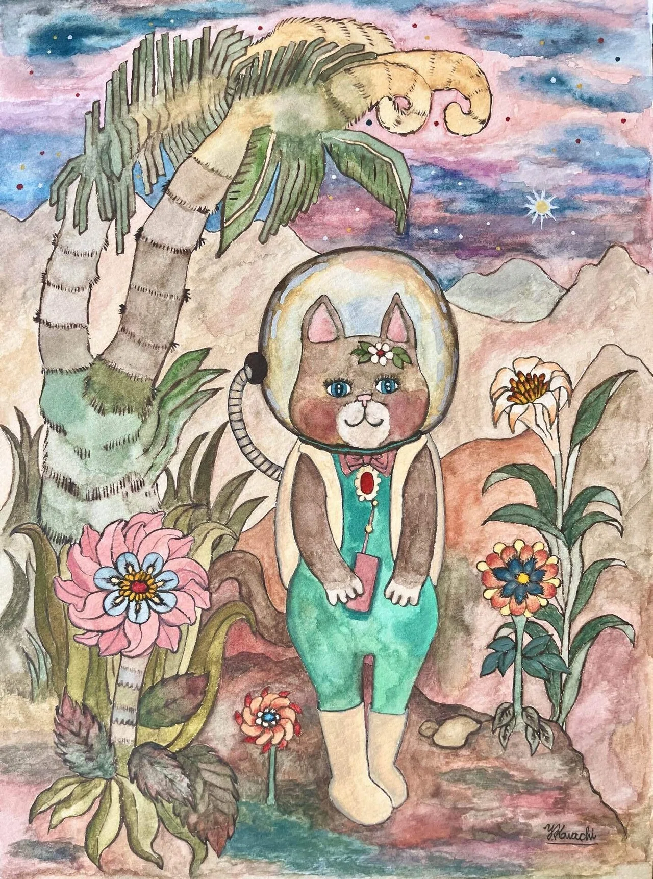 水彩画「宇宙のお花とねこちゃん」完成⭐︎｜河内葉子