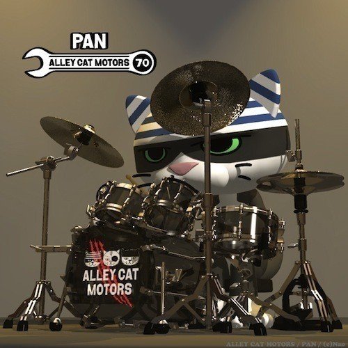 ドラ猫モータース、バンド化計画(^o^) 最後は、アクリルブラック仕様のドラムを鳴らす「パン」　#ドラム #アクリル #ネコ #3DCG #バンド #ドラ猫モータース　*ネコ達の名前は、古いハーレーのエンジン名からきてます(^o^)