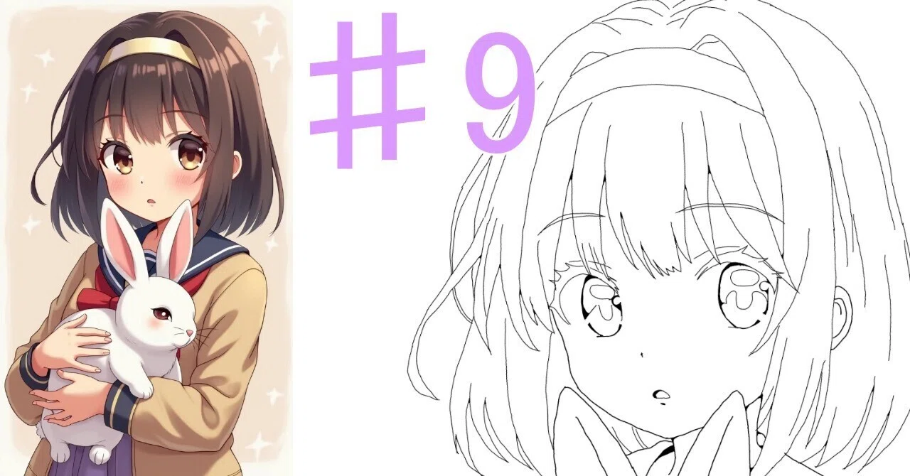 ♯9 ウサギを抱いた女の子の絵｜にゃおりん｜線画イラスト練習中