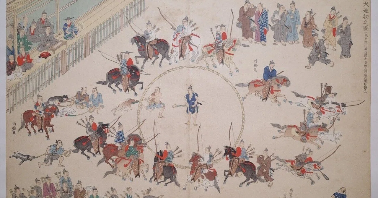 「犬追物之図」江戸時代中期頃筆 約30.5×212㎝ 1巻｜兵法 弓術 江戸時代 犬追物之図」江戸時代中期頃筆 約30.5×212㎝ 1巻｜兵法 弓術 江戸時代