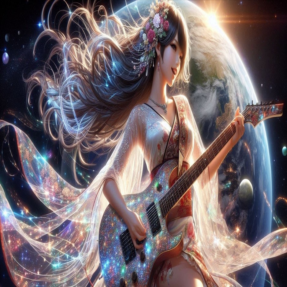 AIイラスト 宇宙でエレキギター｜笑わせるセールスマン