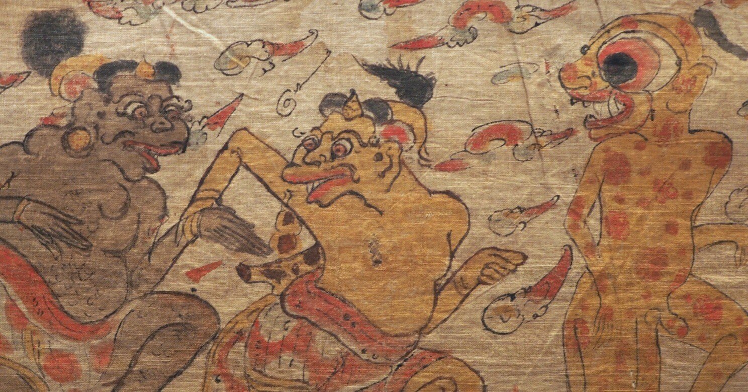 バリ島で描かれた色彩豊かでガチャガチャと楽しげな壁飾り……@トーハク