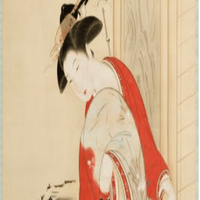 月岡雪鼎】 日本画 / 軸装 / 絹本・彩色 「美人遊戯之図」 査定 買取