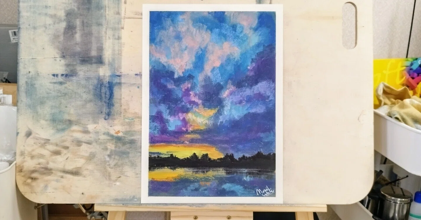 オイルパステル】「湖の夕景」からみる自分の作風｜モリワキユウ