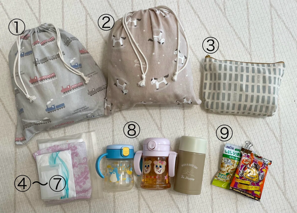 子ども2人とお出かけ。荷物整理の最適解はセリアの巾着袋だった