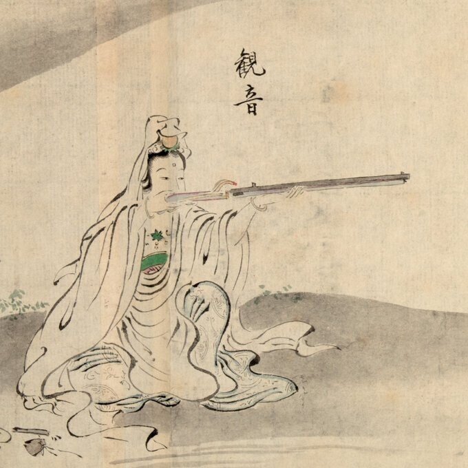 油絵　観音様 騎龍観音に描かれた龍